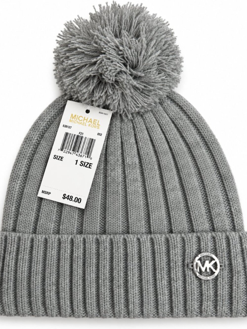 Michael Kors Gray Ribbed Knit Pom Pom Beanie Hat One Size NWT